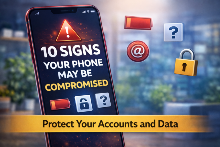 Warning signs your phone may be compromised including battery drain, unknown apps, and unusual activity