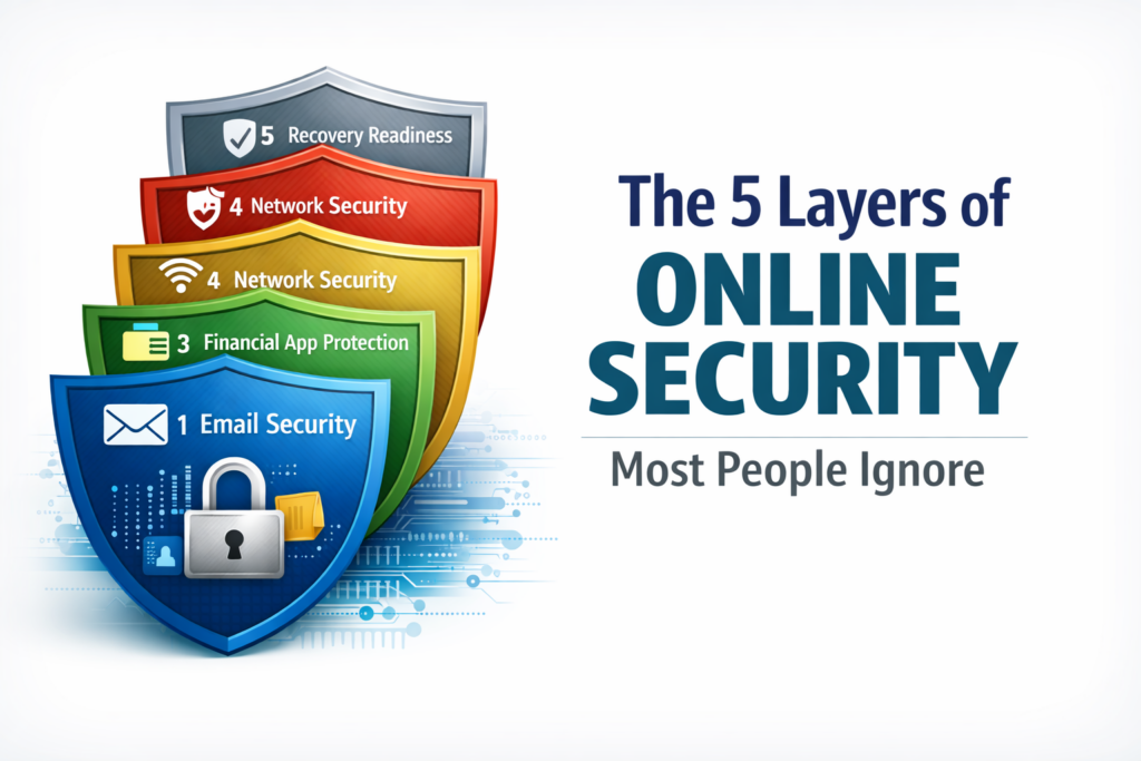 Layered digital security concept showing email, phone, financial, network, and recovery protection as stacked shields.