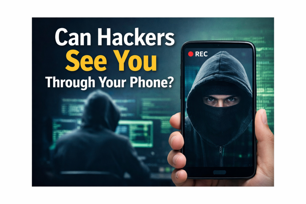 Smartphone displaying hacker image with recording icon illustrating concerns about phone camera hacking.