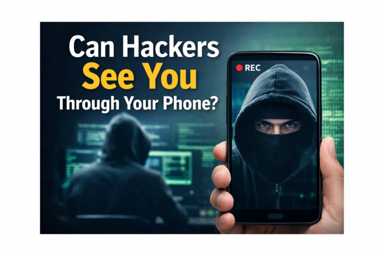 Smartphone displaying hacker image with recording icon illustrating concerns about phone camera hacking.