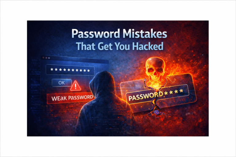 Illustration of a weak password login screen with a hacker silhouette and cracked password warning, representing password mistakes that lead to hacked accounts.