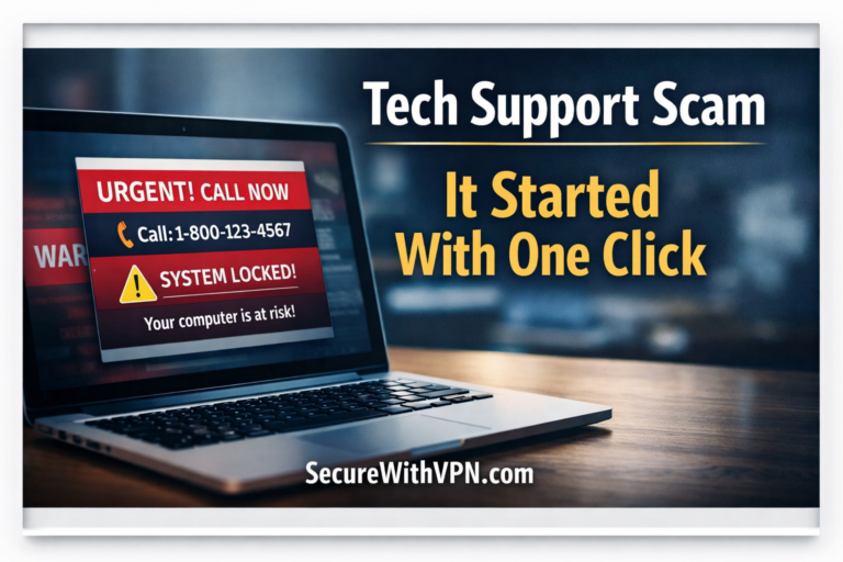 Laptop displaying a fake tech support scam warning with urgent call message and system locked alert.