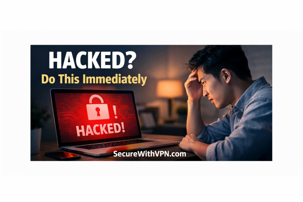 Illustration of person responding to account hack with security warning on screen