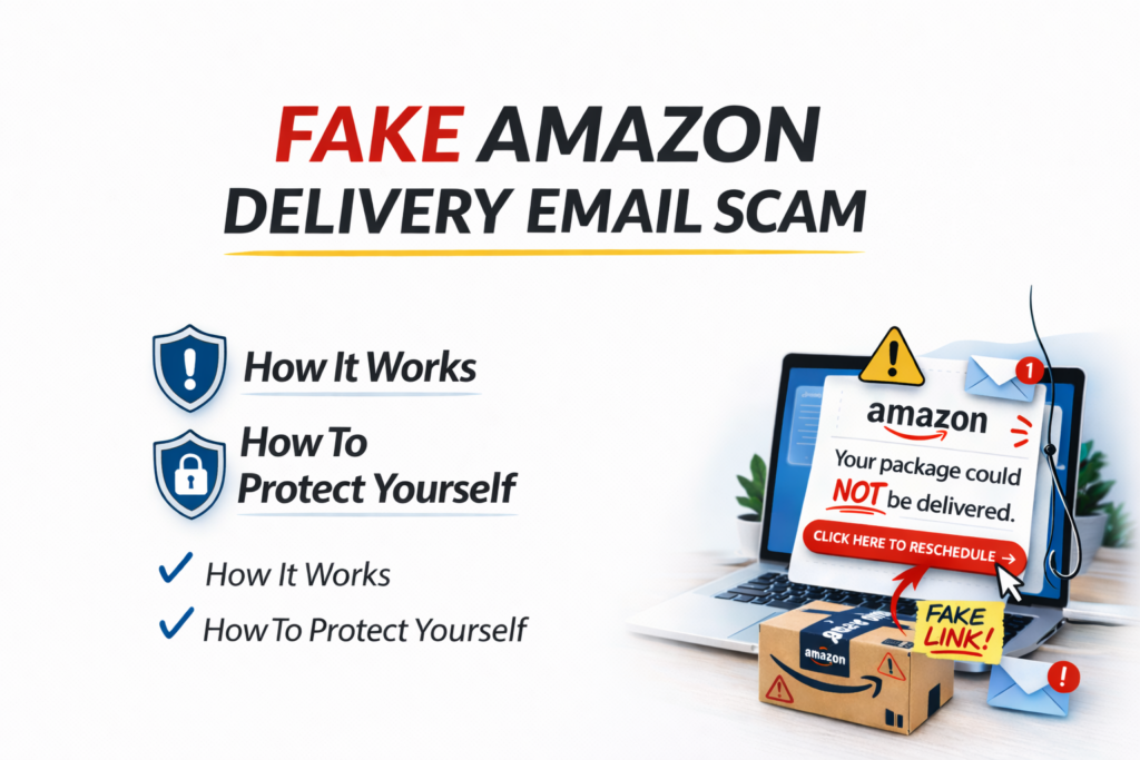 fake Amazon delivery email scam warning showing phishing email and fake delivery message