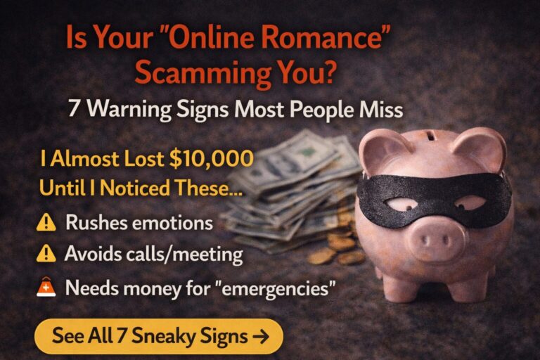 Masked piggy bank with money in background symbolizing online dating romance scam and financial manipulation warning signs