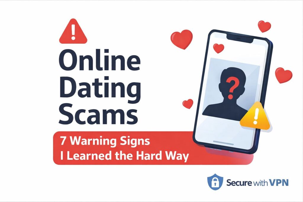 Online dating scams warning signs with phone and fake profile illustration