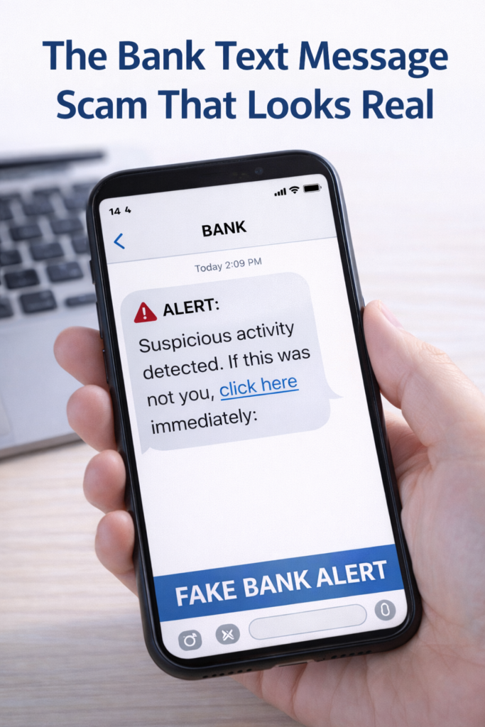 Fake bank text message scam warning shown on smartphone screen