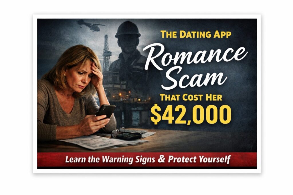 Dating app romance scam warning showing woman discovering online dating fraud and financial loss