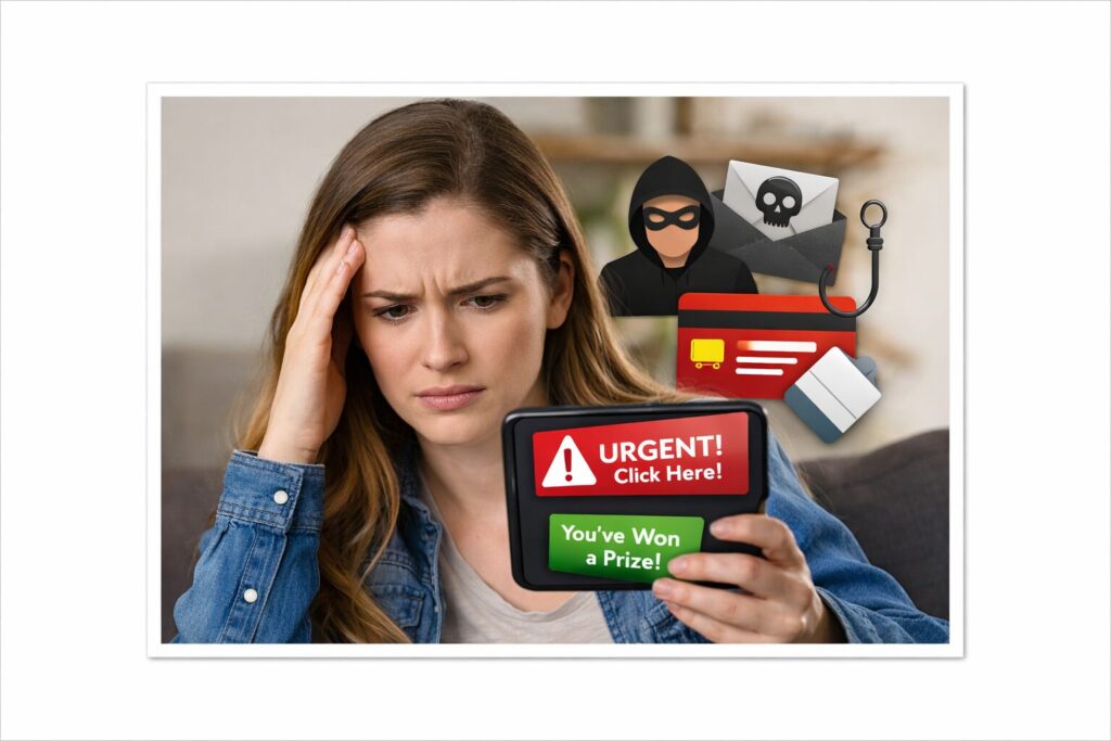 Woman looking concerned at smartphone showing scam messages with urgent warning and prize alert, illustrating how scammers target phone numbers and phishing risks