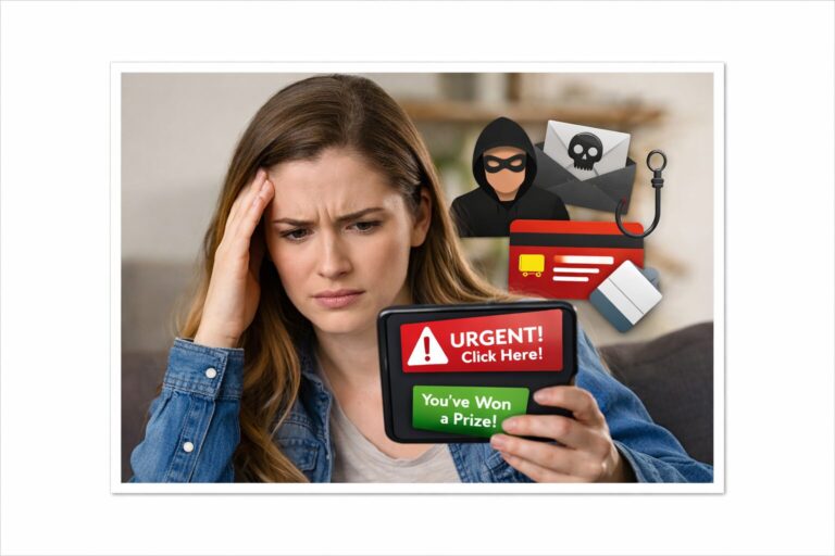 Woman looking concerned at smartphone showing scam messages with urgent warning and prize alert, illustrating how scammers target phone numbers and phishing risks