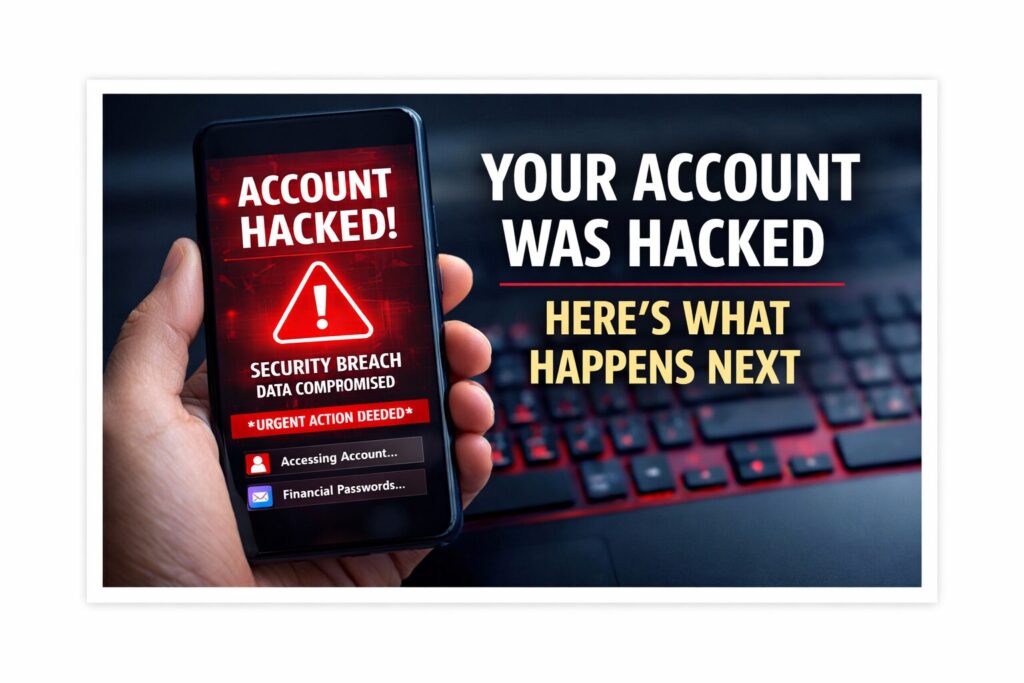 account hacked warning showing security breach risk to email financial apps and personal data