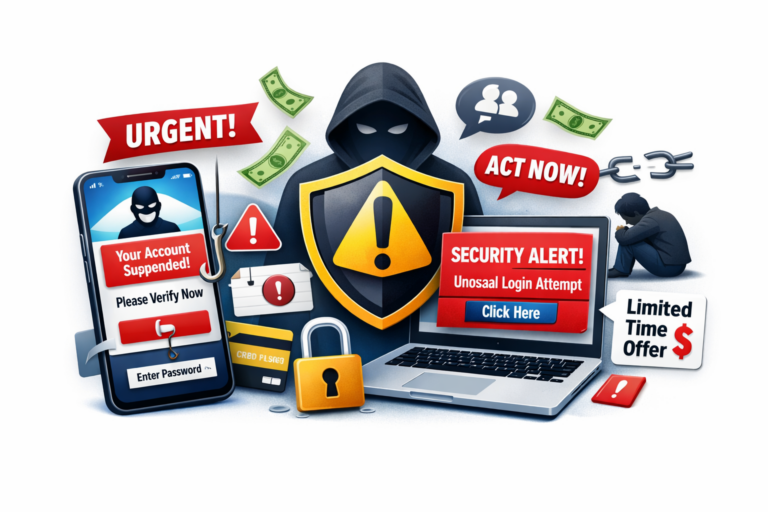 Illustration of online scam warning signs with a phone and laptop showing fake security alerts, phishing messages, and a warning shield, representing how modern scams trick people into giving up account access.
