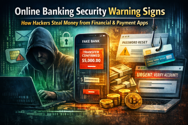 Modern financial scams rarely start inside your banking app. Learn how hackers exploit email access, SIM swaps, recovery loopholes, and payment manipulation to steal money—and the warning signs that stop account takeover before funds disappear.