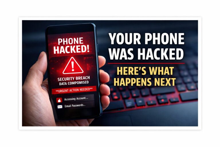 person holding phone showing hacked warning message about account access and security risk