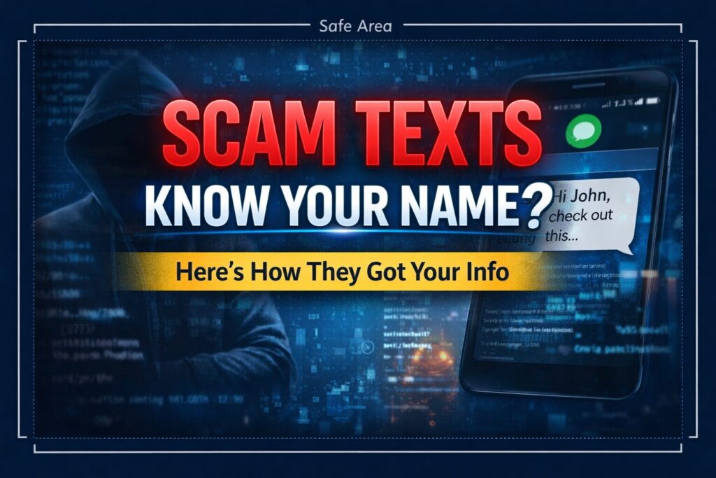 Scam text messages know your name warning showing how scammers get personal information from data breaches and marketing databases