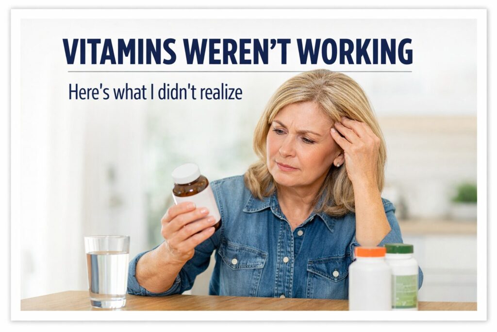 A person looking confused while holding a bottle of vitamins, realizing most vitamins may not be working as expected.