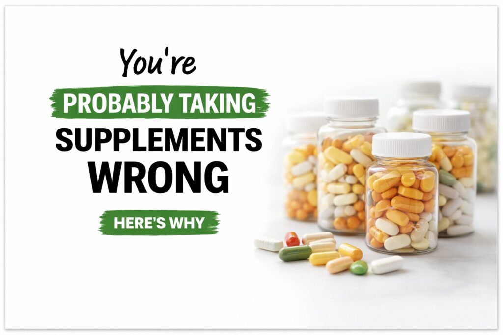 Bottles of supplements with pills showing common supplement mistakes and why taking supplements wrong can affect results