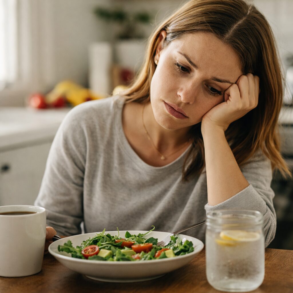 woman sitting at table with healthy food looking tired and low energy representing feeling exhausted even after eating