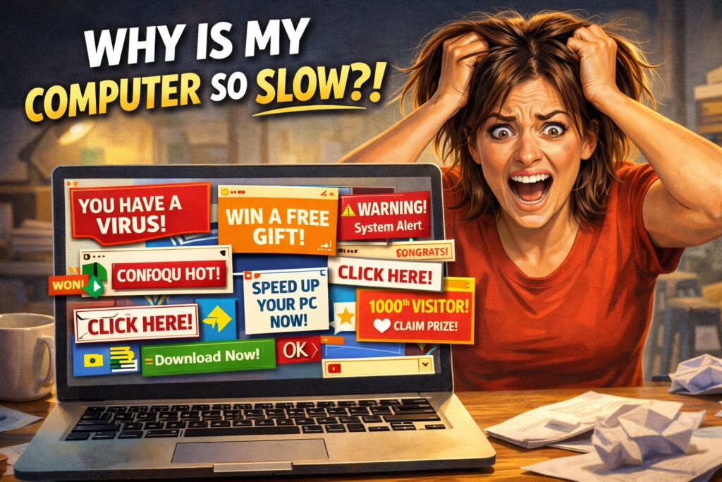 frustrated woman looking at slow computer with popups and fake virus alerts on screen